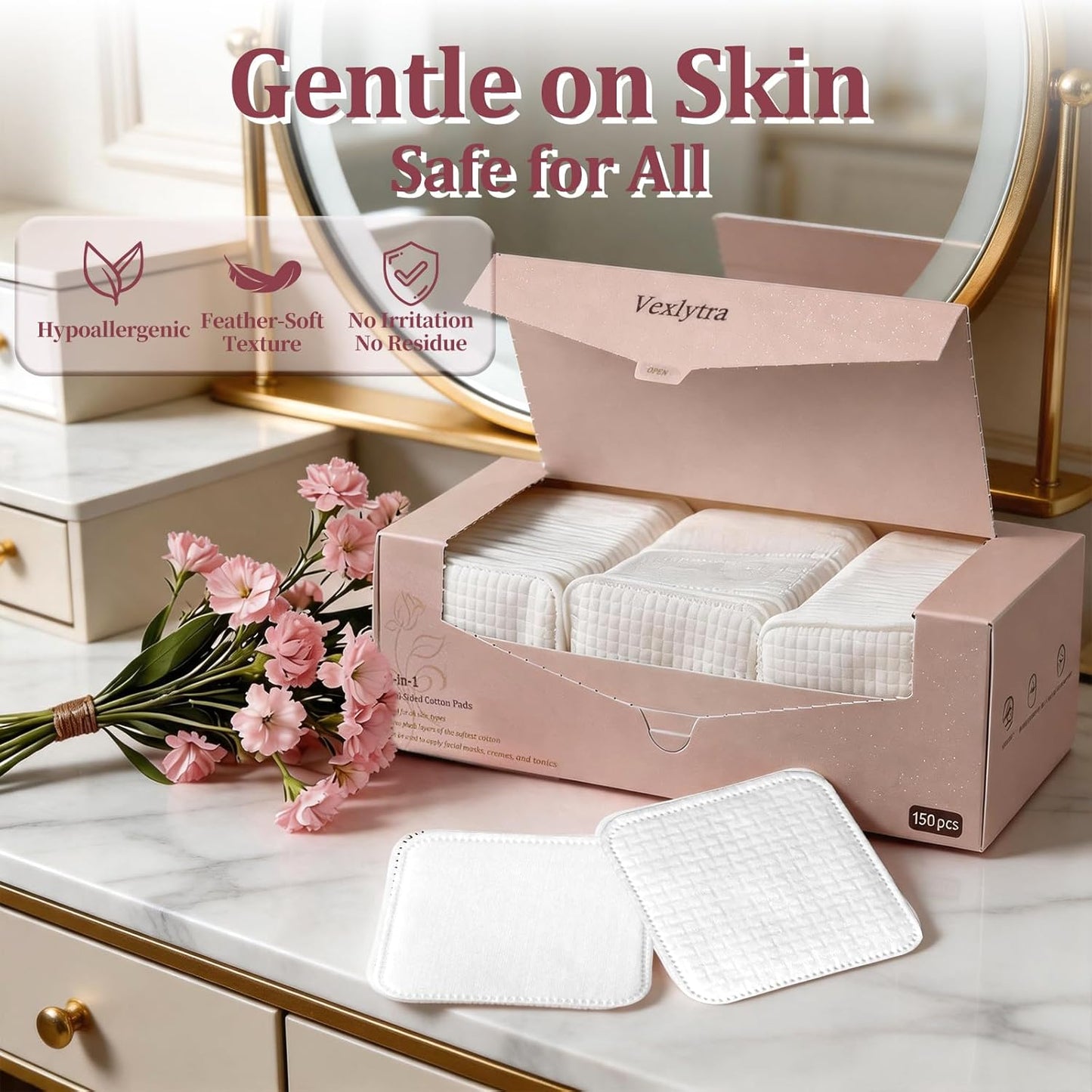Large Cotton Pads for Face(150 count), Soft & Lint-Free Cotton Squares with Pressed Seam Design, Durable Cotton Rounds for Facial Cleansing and Makeup Removal, Gentle on Sensitive Skin & Eyes