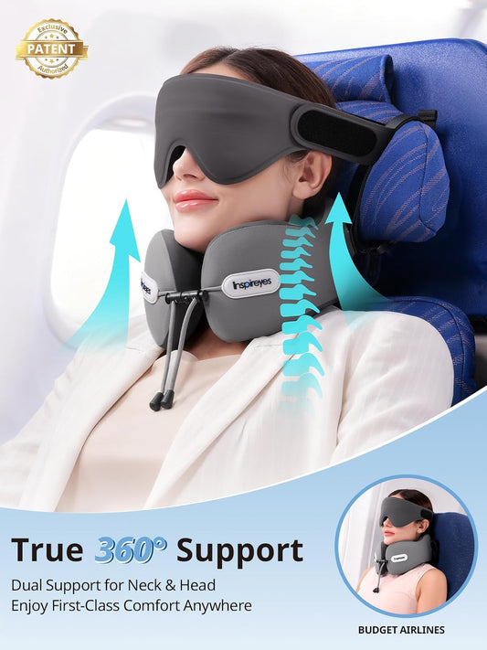 Inspireyes Neck Pillow, Travel Pillow with Seat Strap, 3D Sleep Mask, Dual Support Neck and Head, High Supportive Foam Airplane Pillow for Long Flight Road Trip, Stop Bobblehead Travel Essential, Grey