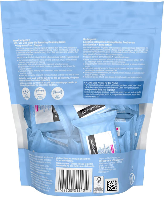 Neutrogena All-in-One Makeup Removing Cleansing Wipes, Waterproof Mascara Removal, Fragrance Free, Travel Pack, 20 Count