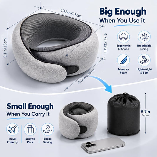 Purroch Neck Pillow Airplane, Travel Pillow with Eye Mask & Earplugs, Memory Foam Pillow with Adjustable Velcro Strap, Pillows for Travel, Plane, Car, Home, Work, Light Grey
