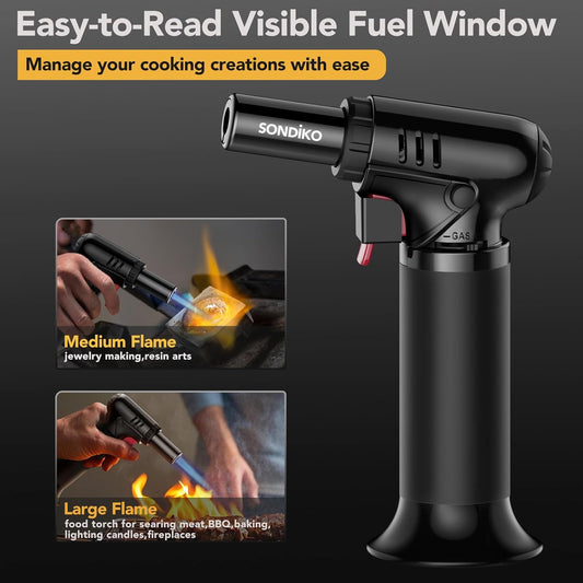 Sondiko Blow Torch with Fuel Gauge, Refillable Butane Torch Lighter with Safety Lock and Adjustable Flame, One-Handed Operation, Fit All Butane Tanks Kitchen Torch