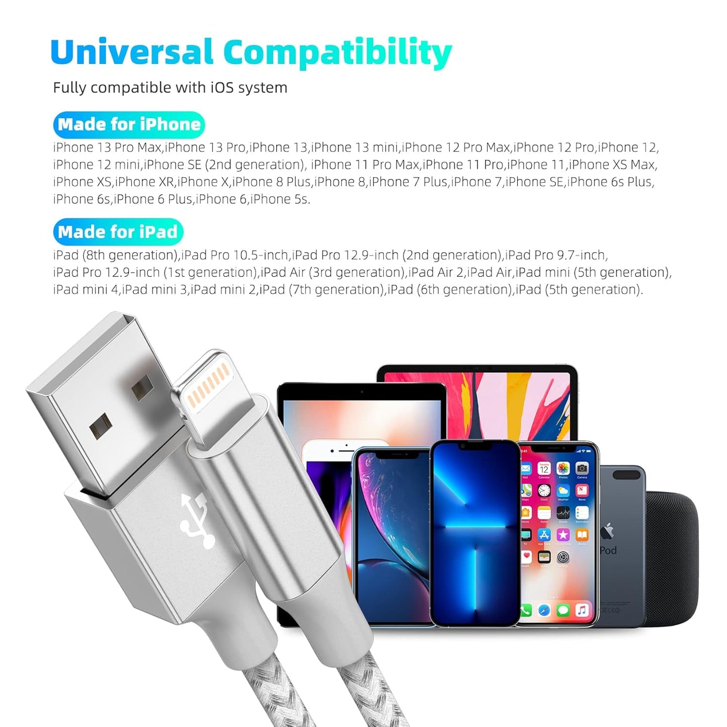 Apple MFi Certified iPhone Charger 3pack 10FT Long Lightning Cable Fast Charging High Speed Data Sync USB Cable Compatible iPhone 14/13/12/11 Pro Max/XS MAX/XR/XS/X/8/7/Plus/6S (Grey White)