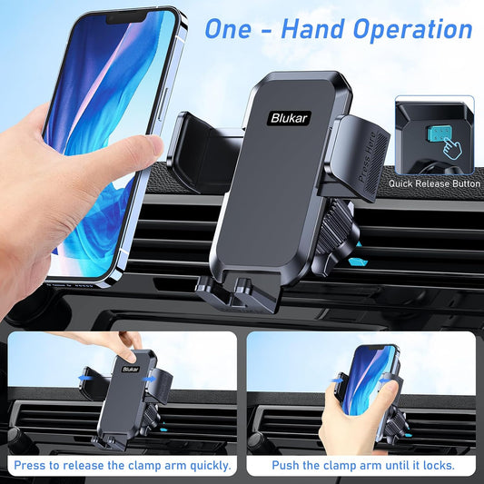 Blukar Phone Holder Car, Air Vent Car Phone Mount with Upgraded Ultra Stable Hook Clip, 360° Rotation, One Button Release Cellphone Holder for iPhone, Google, Galaxy and All Mobile Phones