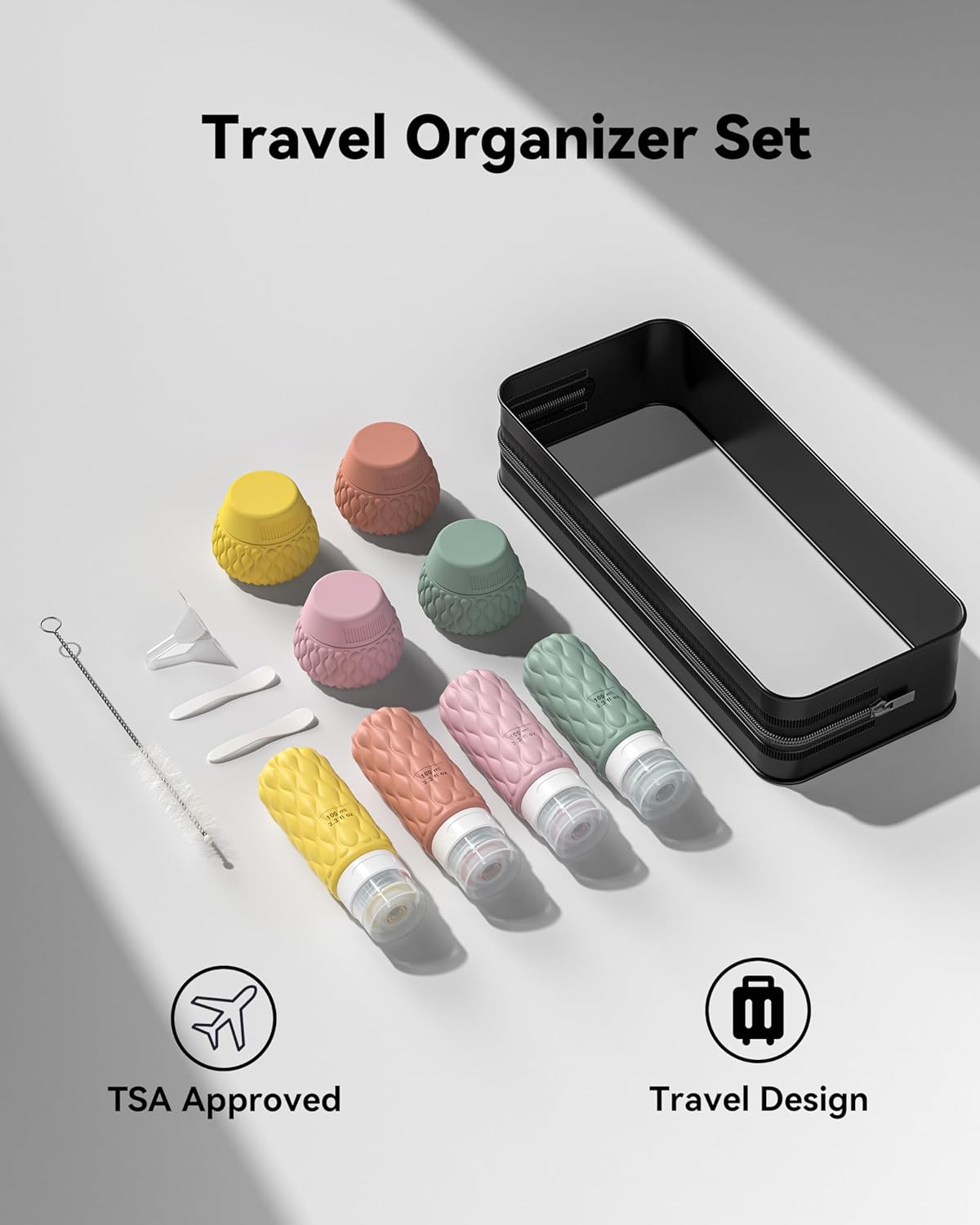 8 Pack Silicone Travel Bottles for Toiletries with Labels/Clear Bag, Holiday Travel Essentials Leakproof Squeeze Travel Size Containers Refillable Cosmetic Jars Set for Shampoo, Conditioner, Creams