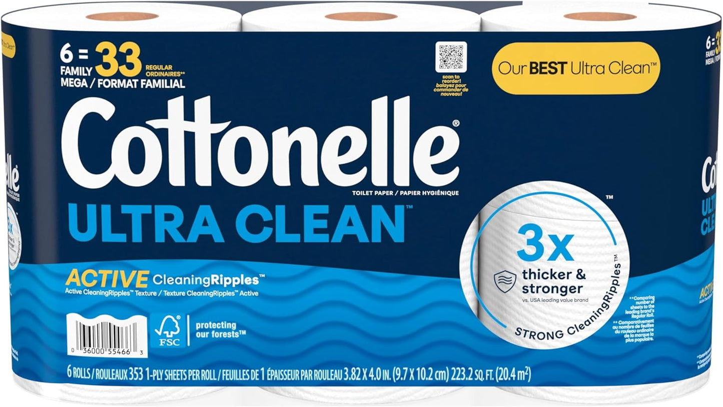 Cottonelle Toilet Paper, 24 Family Mega Rolls = 132 Regular Rolls (4 Packs of 6), Ultra Clean, Strong Bathroom Tissue, 353 Sheets per Roll, Packaging May Vary