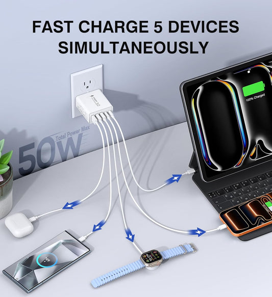 USB C Wall Charger,50W 5-Port PD Fast USB C Charging Block,2USB C+3USB A Multiport Plug,Type C Power Adapter Brick Cube for iPhone 17/16/15/14/13/12/Pro Max/XS,iPad,for Switch,Samsung,Ultra 2