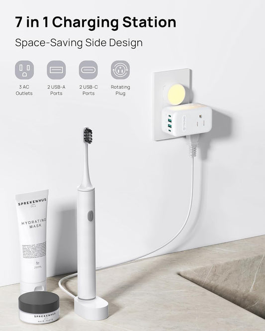 TROND 360° Rotating Multi Plug Outlet Extender, 2 PD 20W USB C Fast Charging Station, Small Power Splitter with 3 Way Sided Wall Socket Adapter for Home Office Dorm Room Cruise Travel Essentials