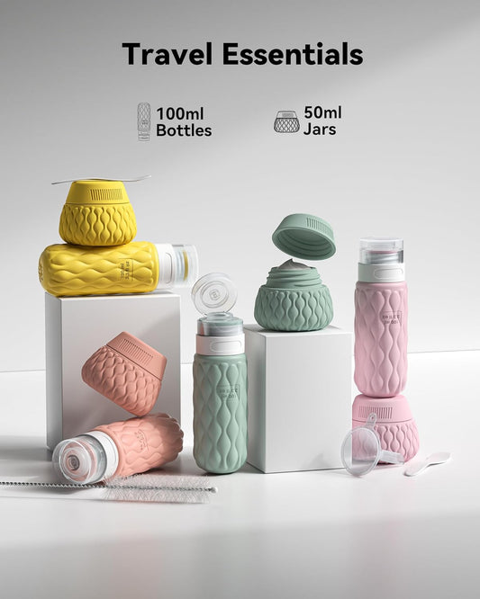 8 Pack Silicone Travel Bottles for Toiletries with Labels/Clear Bag, Holiday Travel Essentials Leakproof Squeeze Travel Size Containers Refillable Cosmetic Jars Set for Shampoo, Conditioner, Creams
