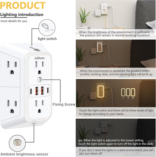 Wall Outlet Extender with Night Light, Power Plug Adapter 6 Outlet Extender with 4 USB Charging Ports 1050J Power Strip Multi Plug Adapter Spaced for Home Travel Office (2A2C)