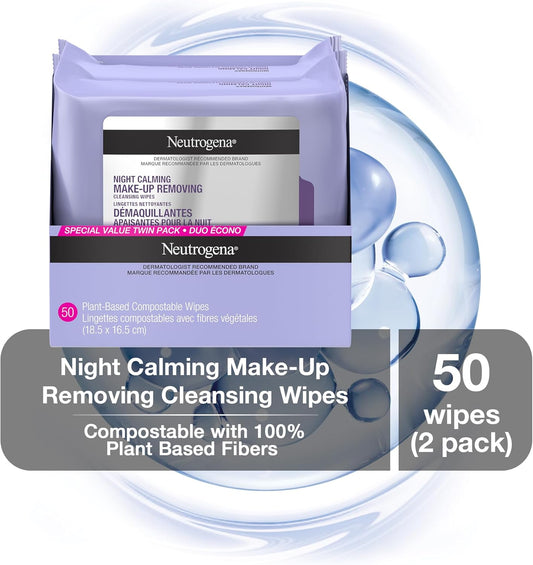Neutrogena Night Calming Makeup Remover Face Wipes, 100% Plant-Based Cloth Hypoallergenic Nighttime Cleansing Towelettes, Remove Waterproof Makeup, Dirt & Oil, Dermatologist Tested, 50 Count (2 x 25 Count)