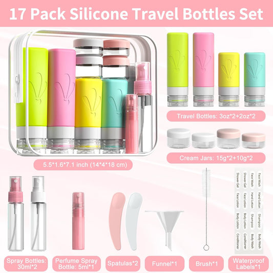 INSFIT 17 Pack Travel Bottles for Toiletries, TSA Approved 90ml 60ml Travel Size Toiletries, BPA Free Leak Proof Squeezable Silicone Tubes Travel Essentials for Shampoo Conditioner Lotion Soap