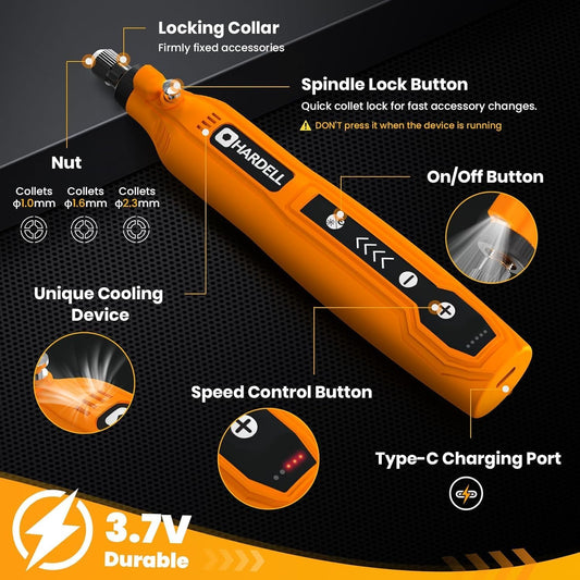 HARDELL Mini Cordless Rotary Tool, 5-Speed and USB Charging Rotary Tool Kit, Multi-Purpose 3.7V Power Rotary Tool with 61 Accessories for Sanding, Polishing, Drilling, Etching, Engraving, DIY Crafts