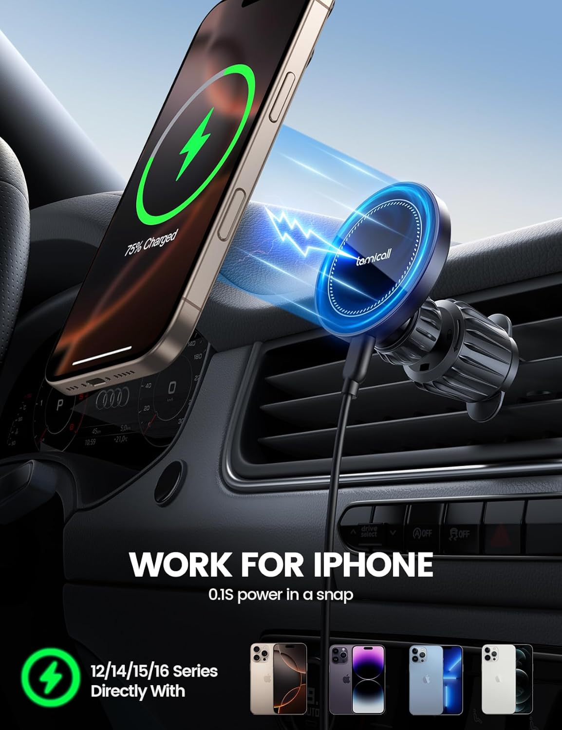 Lamicall 15W for Magsafe Car Mount Charger - Wireless Vent & Dashboard Magnetic Phone Holder Charger, for iPhone 17, 17 Pro, 17 Pro Max, iPhone 16 15 14 for MagSafe Accessories, Electrical Accessories
