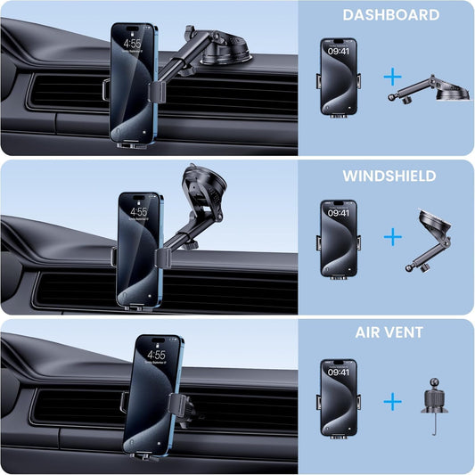 Phone Holder Car, 3-in-1 Universal Car Phone Holder Mount Windshield Dashboard Air Vent Cell Phone Car Mount Hands Free Car Phone Handlebar Mount for iPhone Android Smartphone Handlebar Accessories