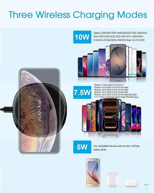 Fast Wireless Charger, NANAMI 15W Max Charging Pad for iPhone 17/16/15 Pro Max/14/13/12 Mini/11/XR/XS/X/8, Fast Charge for Samsung Galaxy S26/S25/S24/S23/S22 Ultra/S21/S20,Pixel 9 8 7 6,AirPods Pro/3