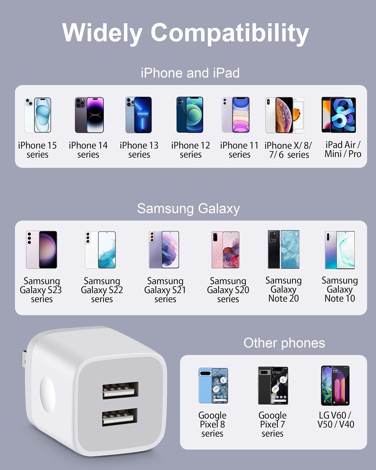 USB Wall Charger, 3-Pack 2.1A Dual Port USB Cube Charger Block Power Adapter Charging Plug Box Brick for iPhone 14 13 12 11 Pro Max SE XS XR X 8 7 6 6S Plus, Samsung, Moto, LG, Android Phones