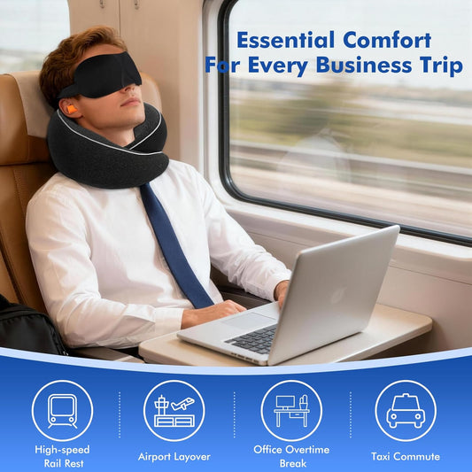 Travel Neck Pillow for Airplane – Memory Foam Neck Pillow for Travel, Ergonomic Neck Support Pillow for Sleeping on Plane, Comfortable Portable Travel Pillow for Flights, Car, Office