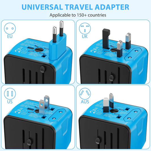 Universal International Travel Power Adapter, All in One Wall Charger with High Speed 2.4A 3xUSB, 3.0A Type-C, European Adapter, Worldwide AC Outlet Plugs for UK, EU, AU & Asia (Blue)