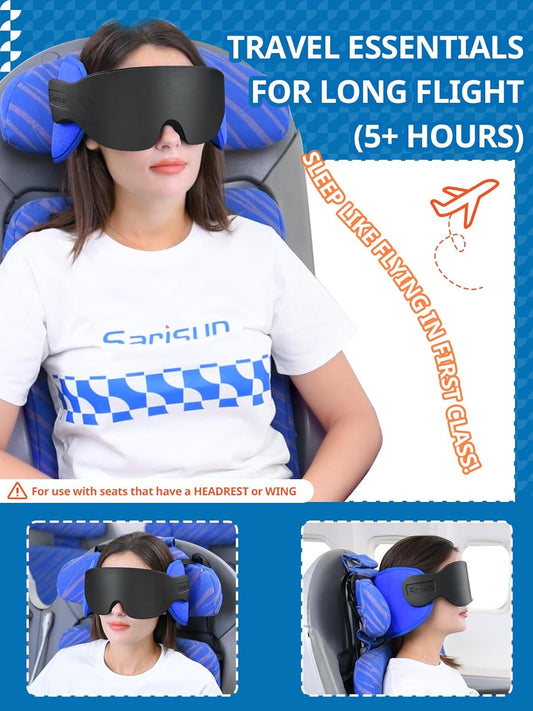 SARISUN Travel Pillow, Neck Pillow with Eye Mask, Airplane Pillow for Long Flight Sleeping Travel, Kids Travel Pillow for Car, Road Trip Car Headrest, Stop Bobblehead, Neck Pain Relief, Black