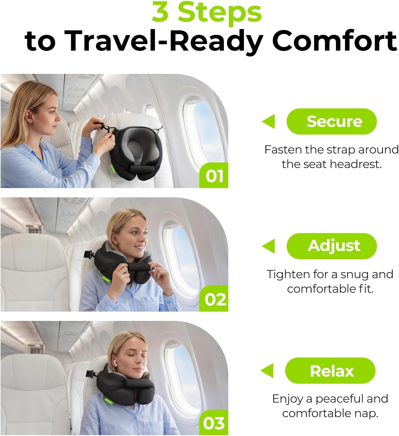 AUVON Travel Neck Pillow for Airplane with Seat Straps to Secure Head & Neck for Relaxing Sleep on Long Flights, Ear-Friendly Design, Supportive Memory Foam Neck Pillow, Breathable Fabric, Carry Case