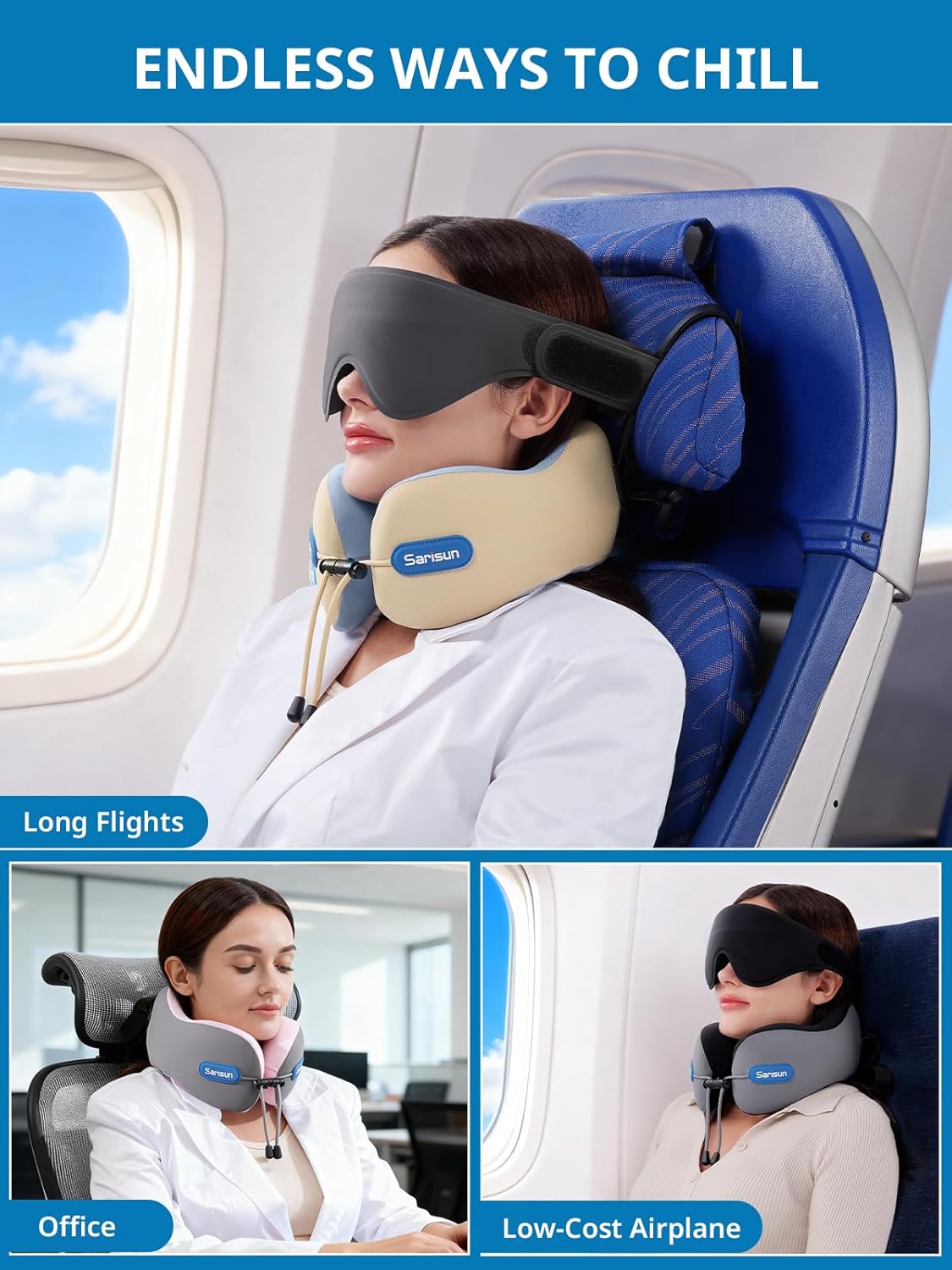 SARISUN Travel Pillow, Neck Pillow for Airplane with Strap, Combo with 3D Eye Mask for Sleep, Dual-Density Supportive Foam Neck Pillow Travel for Airplane Flights, Car Trip Travel Essentials Black