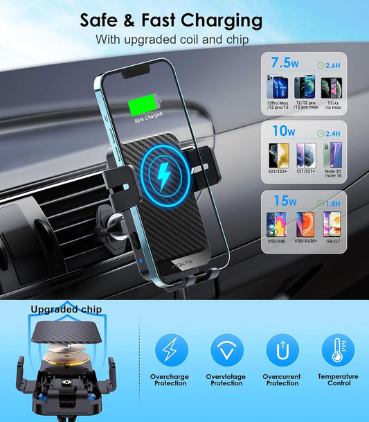 Wireless Car Charger, MOKPR 15W Fast Charging Auto-Clamping Car Phone Holder Wireless Charger Air Vent Car Phone Mount for iPhone17/16/15/14/13/12 pro/12/11/X/8, Samsung Galaxy S24/S23/S22/S21/S20