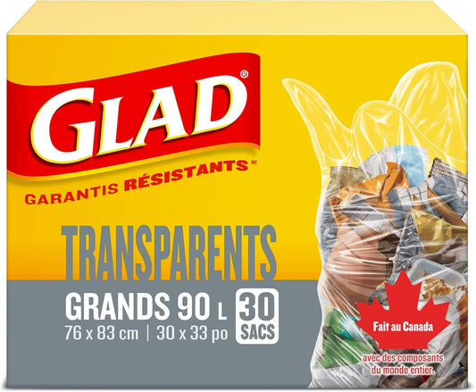 Glad Clear Garbage Bags - Large 90 Litres - 30 Trash Bags, Made in Canada of Global Components