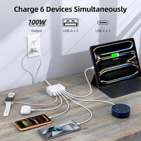 USB C Charger Block, 100W 6 Port PD USB C Charging Station and QC USB A Wall Charger Block Cube, Type C Charging Hub for iPhone 17 16 15 14 13 12 Pro Max iPad Galaxy S25 Pixel, 5ft Extension Cord