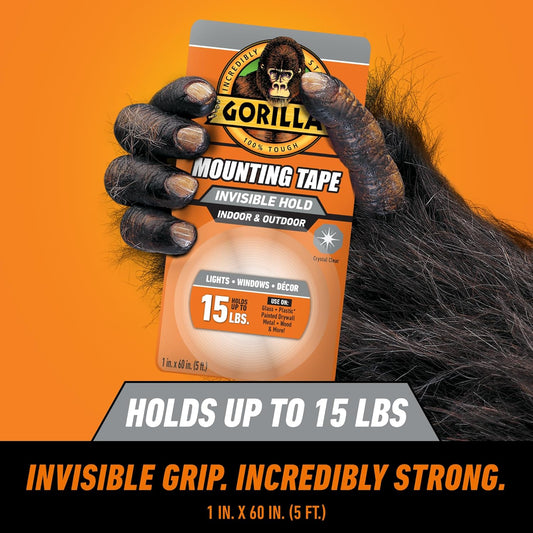 Gorilla Tough & Clear Double Sided Mounting Tape, Hanging, Instant 15lb Strong Hold, Permanent Bond, Weatherproof, 1 in x 60 in, Clear, (Pack of 1), 6065101 (Packaging May Vary)