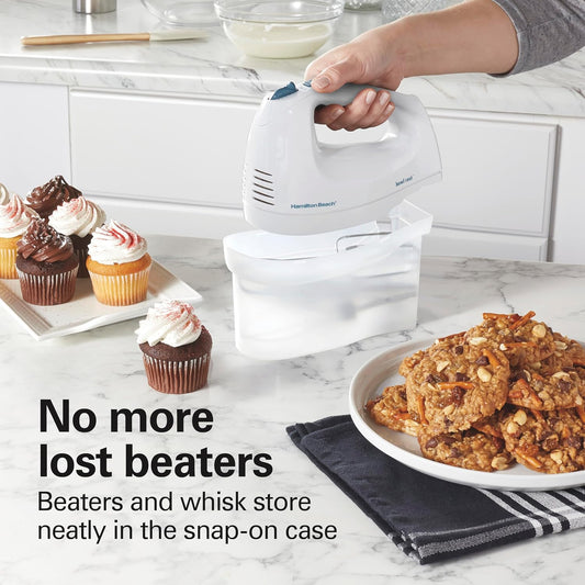 Hamilton Beach 6-Speed Electric Hand Mixer for Baking, 250W, QuickBurst, Snap-On Storage Case, Traditional Beaters & Whisk, White (62682G)