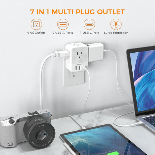 Multi Plug Outlet Extender, TESSAN Multiple Plug Extension Block with 4 AC Splitter, 2 USB A Ports and 1 USB C Port, Surge Protector Wall Outlet Expander for Home Office Dorm Room Essentials, Gray