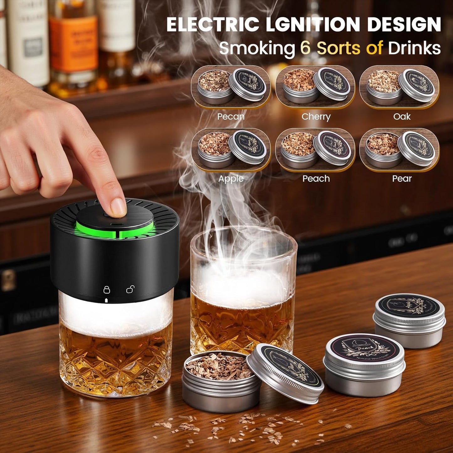 Electric Whiskey Cocktail Smoker Kit with 2 Glasses, 6 Flavors Wood Chips, 2 Ice Ball Molds, Bourbon Old Fashioned Drink Smoker Set, Gifts for Men Dad Husband Father, Built-in Lighter, No Need Butane