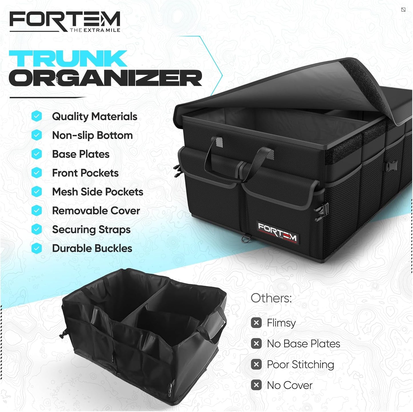 FORTEM Car Trunk Organizer, Collapsible Multi Compartment Car Organizer, Foldable SUV Storage for Car Accessories for Women Men, Non Slip Bottom, Securing Straps, Soft Cover 50L (Black, Standard)
