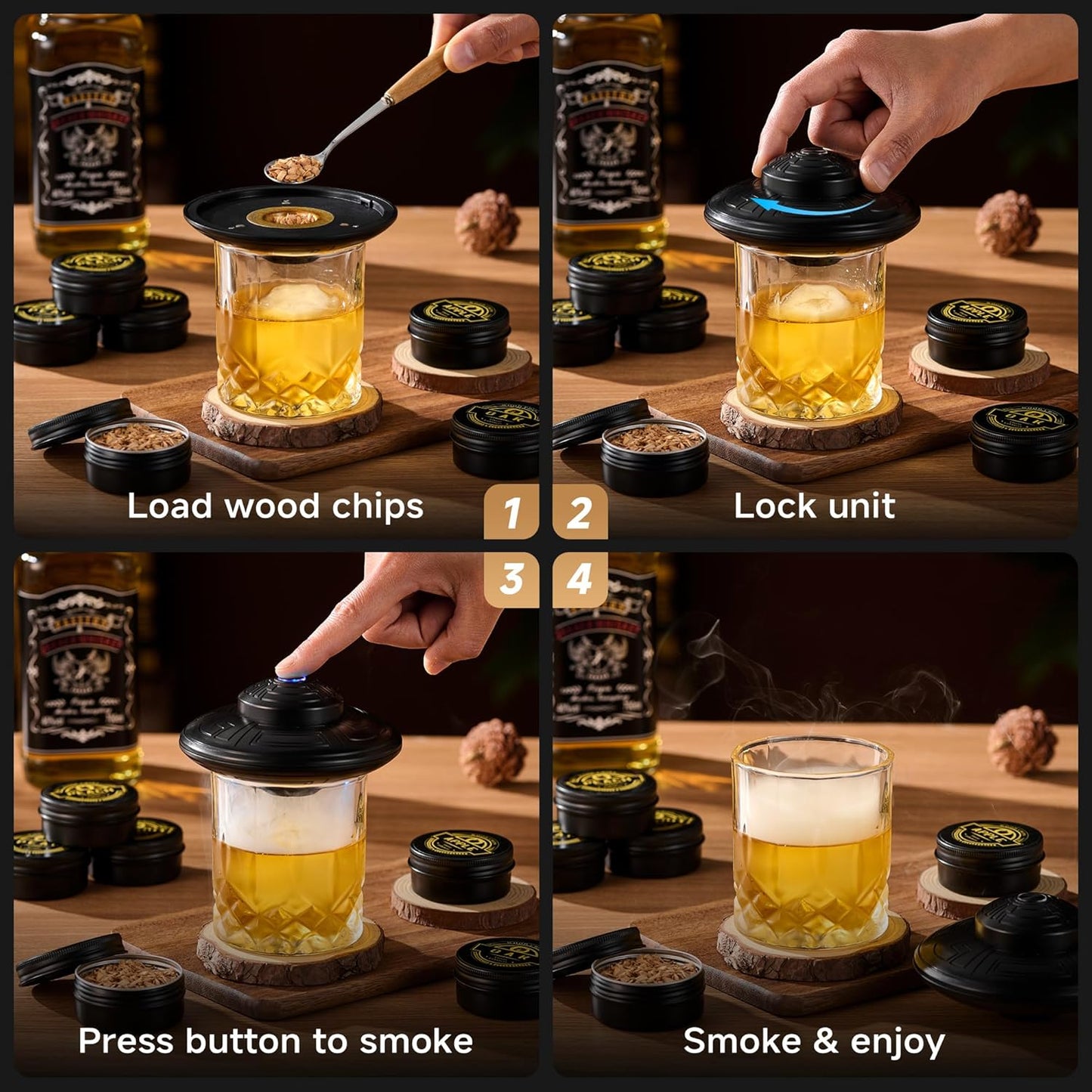ComboJoy Electric Whiskey Smoker Kit with LED – 6 Flavors Wood Chips, Whiskey Glass & Ice Cube Mold – Rechargeable Cocktail Smoker, Old Fashioned Bourbon Gifts for Men, Dad, Husband -Black