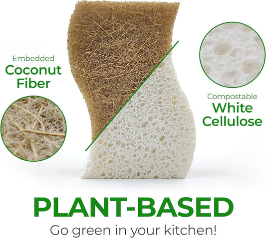 AIRNEX 12 Pack Natural Sponges for Dishes - Biodegradable Sponges for Kitchen - Plant Based Cellulose & Coconut Natural Dish Sponge - Non Toxic Eco Friendly Sponges, Non Scratch Kitchen Scrubber