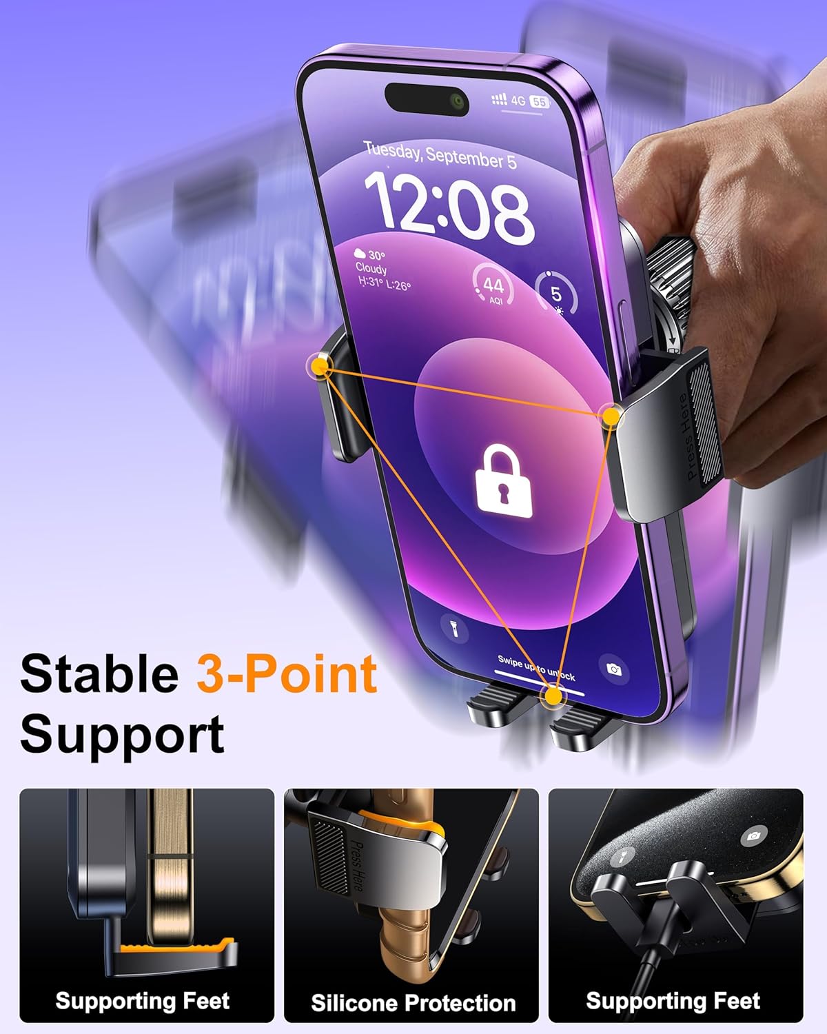 Phone Holder Car, 3-in-1 Universal Car Phone Holder Mount Windshield Dashboard Air Vent Cell Phone Car Mount Hands Free Car Phone Handlebar Mount for iPhone Android Smartphone Handlebar Accessories