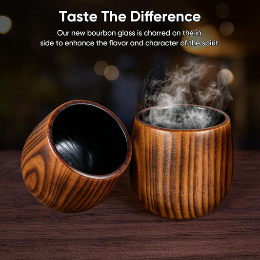 Charred Wooden Bourbon Drinking Glass Set with Whiskey Ice Stones & Tongs, 2 Pack 10oz Old Fashioned Whiskey Glasses, Perfect Presents for Boyfriend Father Friends
