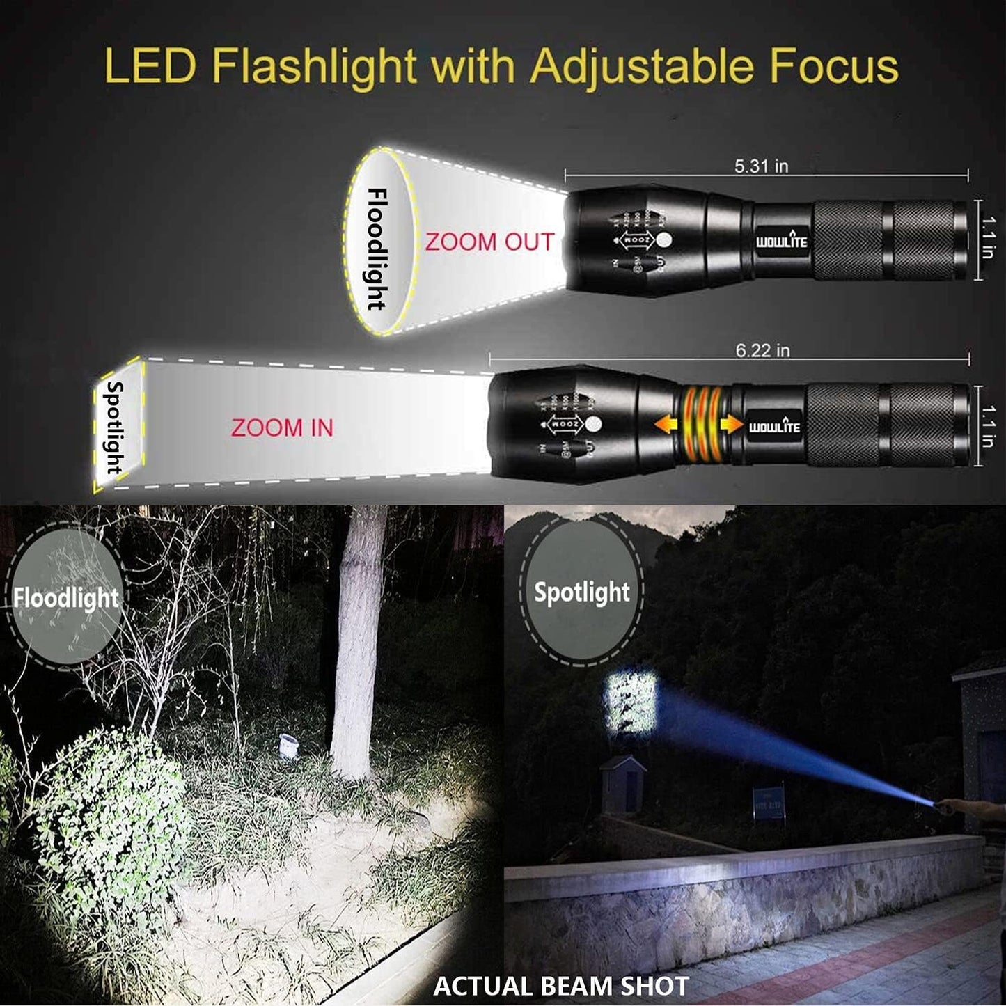 wowlite Tactical Flashlight, Wowlite Ultra Bright XML T6 LED Torch with 5 Light Modes & Adjustable Focus for Emergency Camping Hiking (2 Pack)