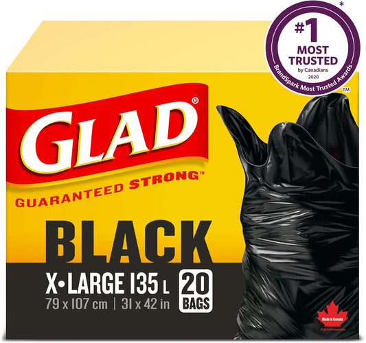 Glad Black Garbage Bags - Extra-Large 135 Litres - 20 Trash Bags Made in Canada of Global Components