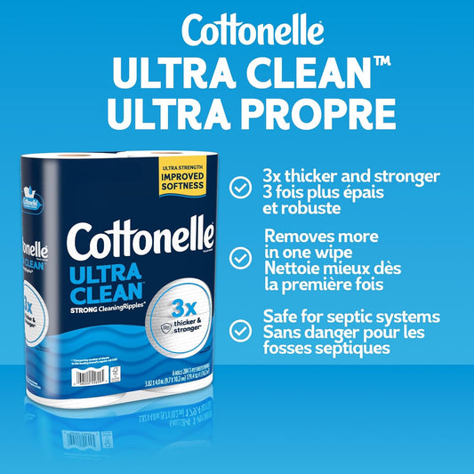 Cottonelle Toilet Paper, 12 Mega Rolls = 48 Regular Rolls, Ultra Clean, Strong Bathroom Tissue, 284 Sheets per Roll, Packaging May Vary