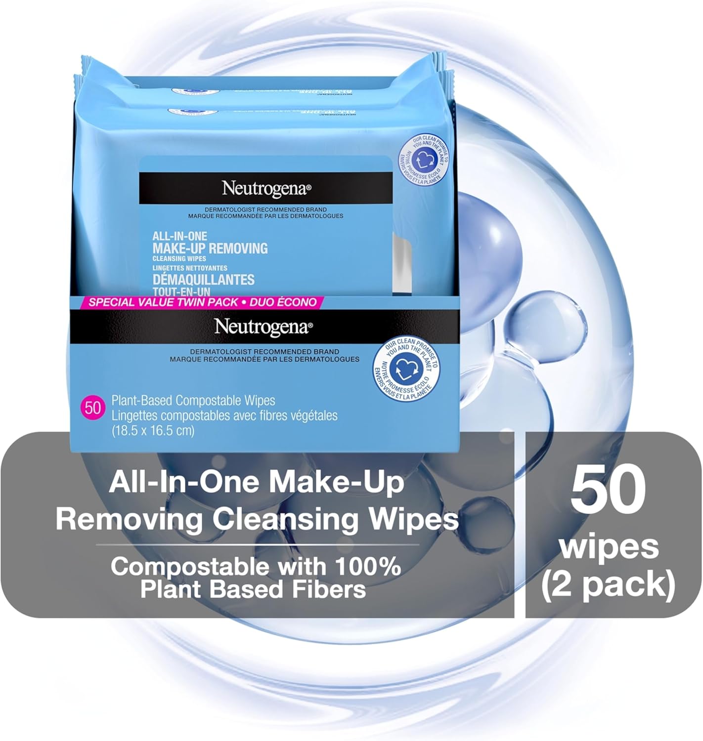 Neutrogena All-in-One Makeup Removing Cleansing Wipes - Gentle Cleansing Towelettes Remove Make-up & Waterproof Mascara - Plant-Based, Alcohol-Free Formula for Sensitive Eye Area - Value Twin Pack, 50 Count