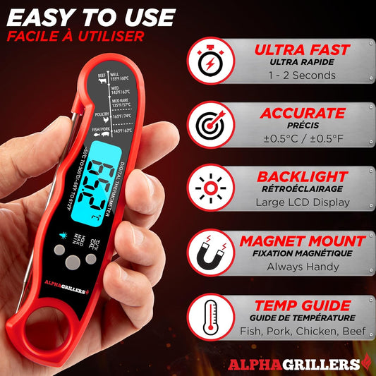 Alpha Grillers Meat Thermometer Digital - Instant Read Food Thermometer for Cooking Grilling - Professional Kitchen Fathers Day Gift Ideas for Birthday Dad Men Him Husband - Air Fryer BBQ Accessories