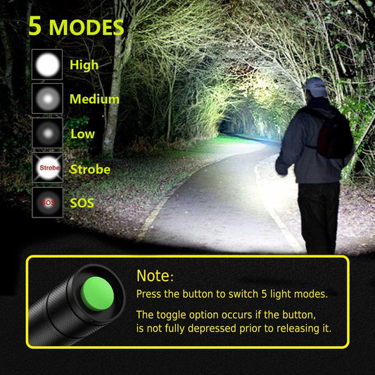 LED Flashlight, Ultra Bright XML T6 Handheld Flashlights - High Lumen, Zoomable, 5 Modes, Water-Resistant - Perfect for Camping Biking Home Emergency or Gift-Giving(2 Pack)