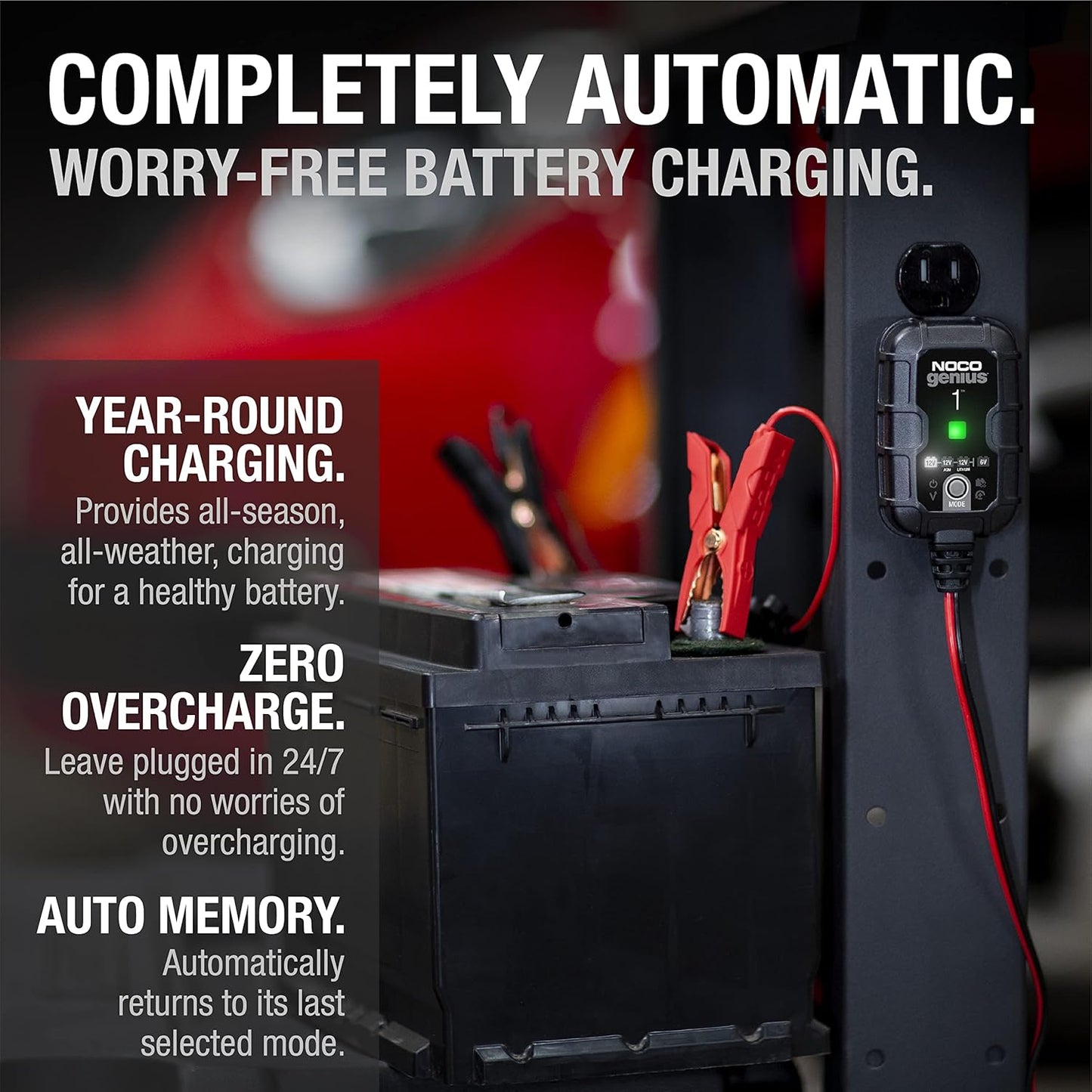 NOCO GENIUS1: 1A 6V/12V Smart Battery Charger – Automatic Maintainer, Trickle Charger & Desulfator with Overcharge Protection & Temperature Compensation – for Lead-Acid & Lithium Batteries