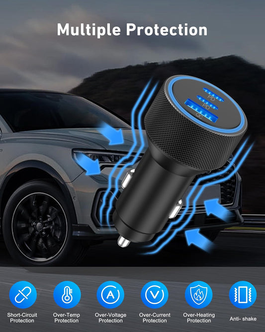 USB C Car Charger, 3-Port 67W Super Fast Charging Dual USB-C & USB-A Car Charger Accessories Cigarette Lighter Adapter for iPhone 17 17e 16 15 14 13 12 11 Pro Max, iPad, Galaxy, Pixel, Android Phone