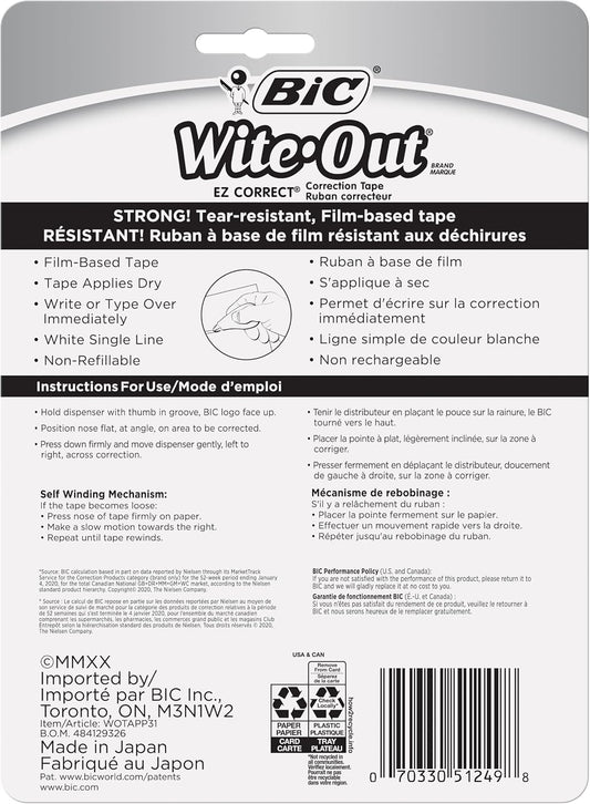 BIC Wite-Out Brand EZ Correct Grip Correction Tape, School Supplies for Students and Teachers, 3-Count Pack in White