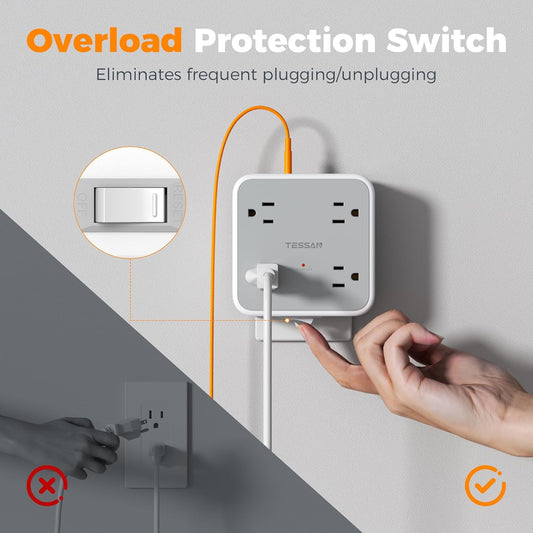 Multi Plug Outlet Extender, TESSAN 900J Surge Protector Plug Extension Block, 8 Outlet Splitter with 3 USB Ports (1 USB C), Electrical Socket for Home Office Dorm Room Essentials, Gray