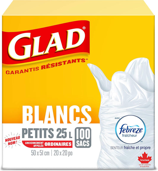 Glad White Garbage Bags - Small 25 Litres - Febreze Fresh Clean Scent, 100 Trash Bags, Made in Canada of Global Components