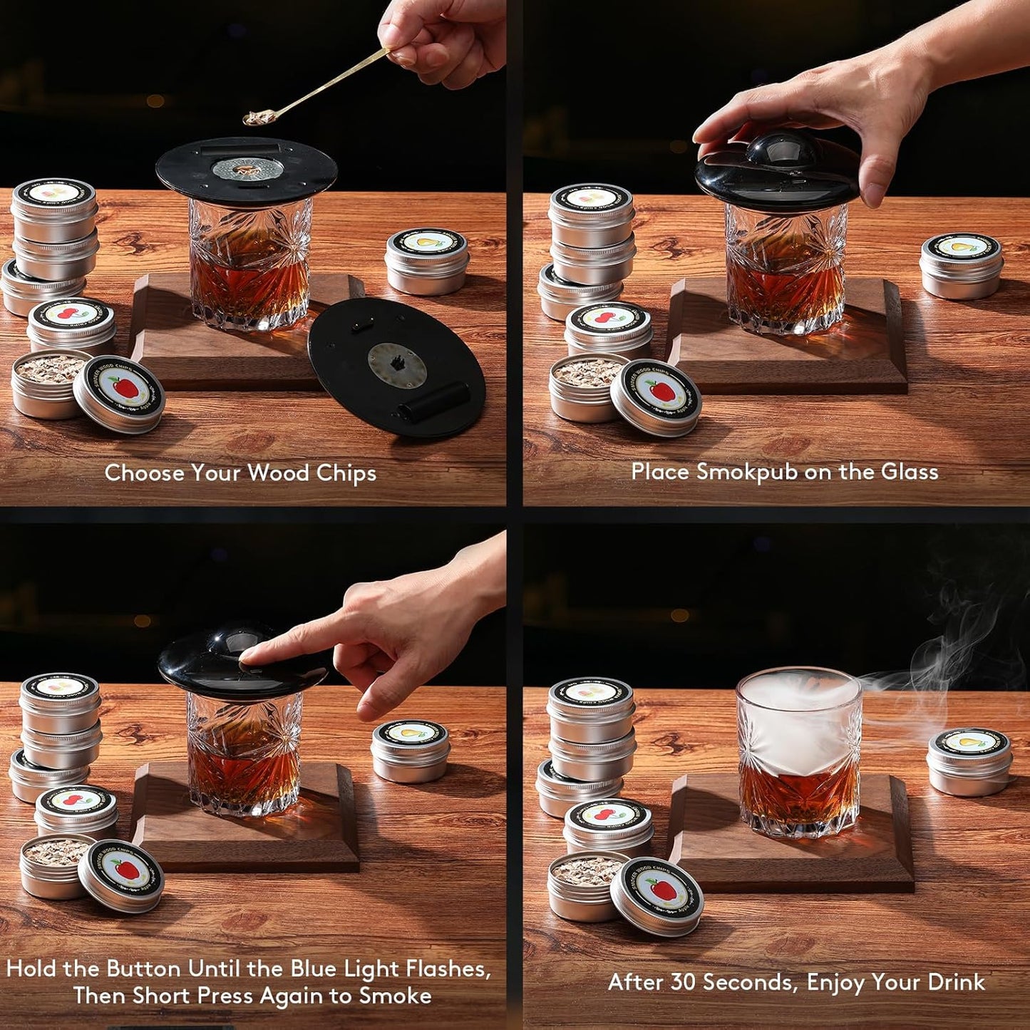Electric Whiskey Smoker Kit with 6 Flavors Wood Chips, Cocktail Smoker Kit Built-in Lighter, Rechargeable Smoked Old Fashioned kit Bar Accessories Christmas for Men (Dark Black)