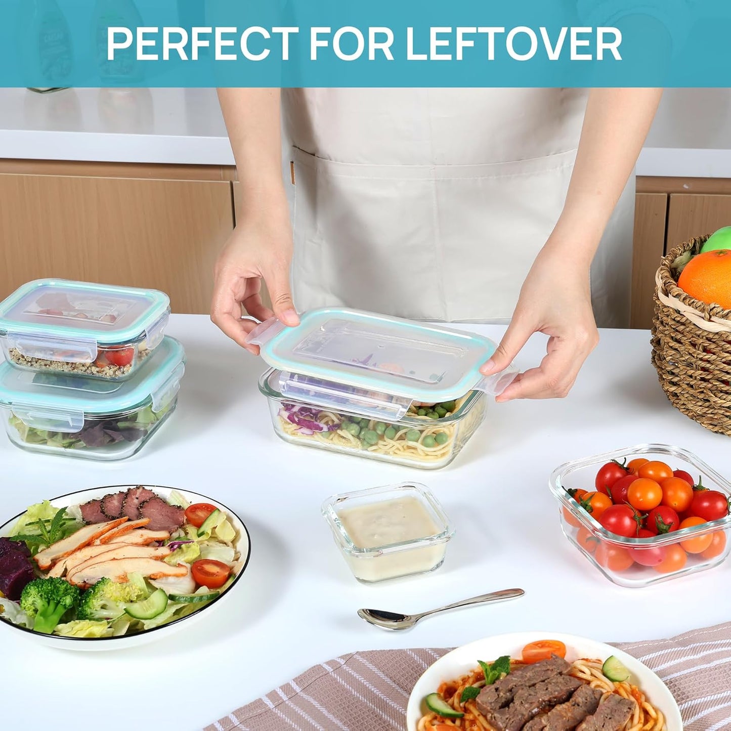 Vtopmart 8 Pack Glass Container Food Storage, Meal Prep Containers, Airtight Lunch Boxes with Leak Proof Locking Lids, for Microwave, Oven, Freezer and Dishwasher, Green